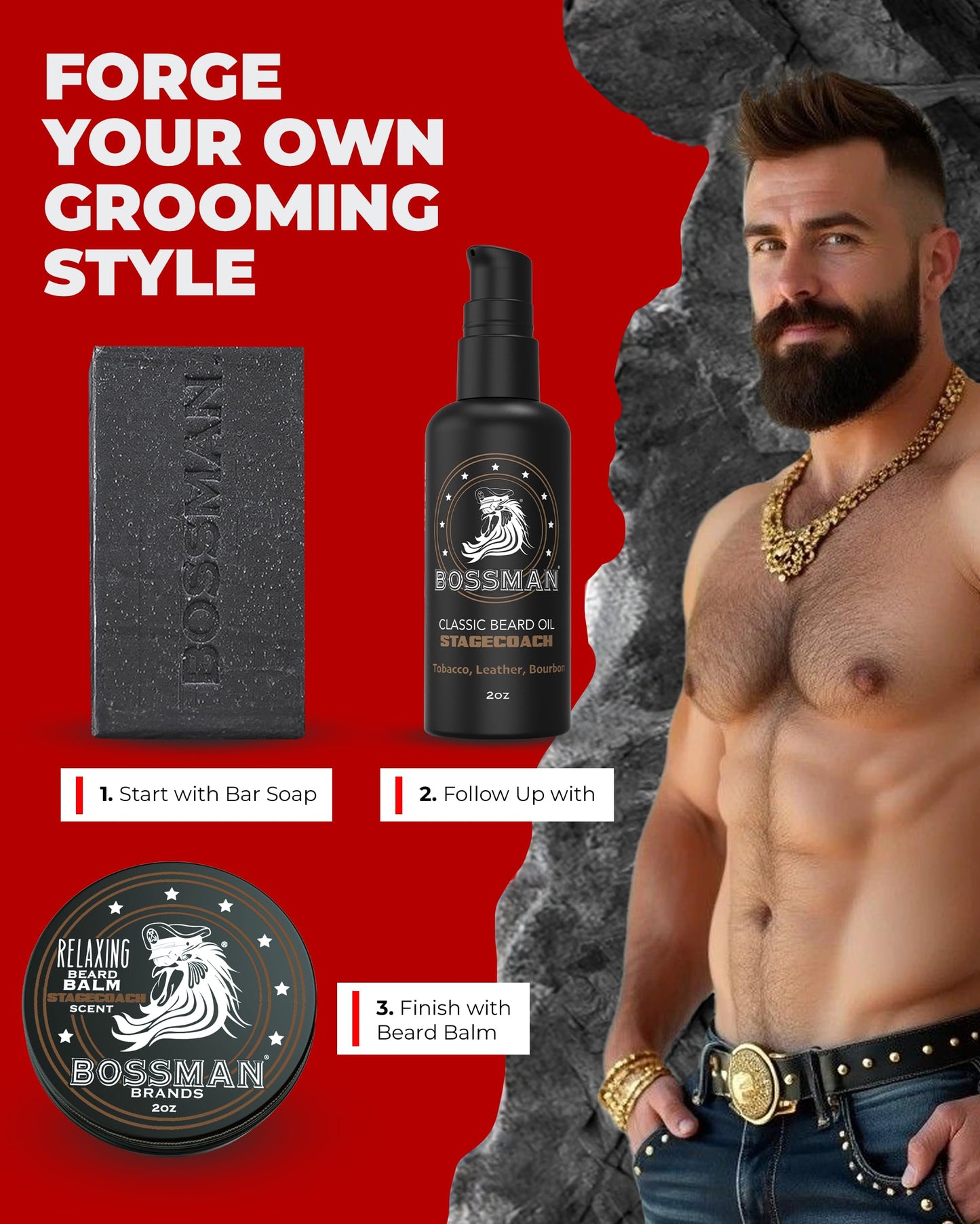 Bossman Starter Beard Kit for Men – Beard Oil (2 oz), Beard Balm & Bar Soap – Natural & Organic Grooming Kit – Made in the USA (Stagecoach Scent)