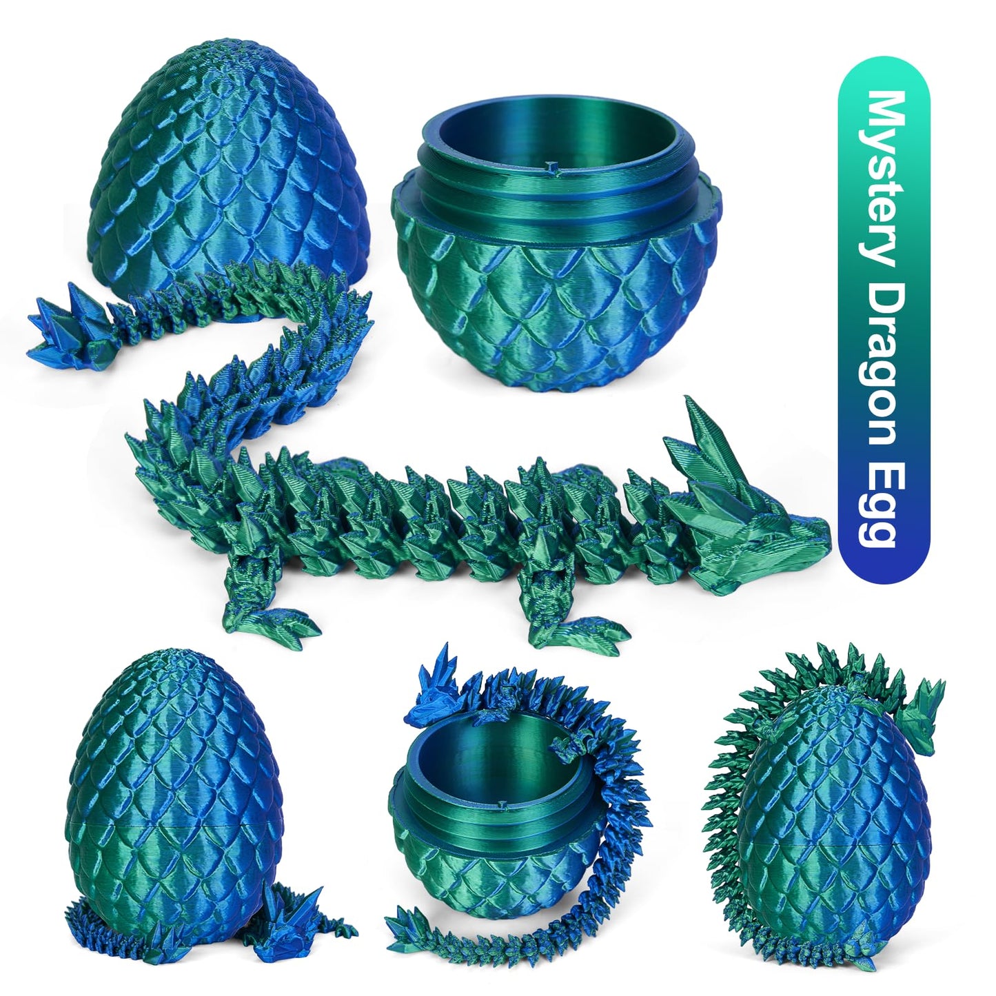 3D Printed Crystal Dragon Egg Toy – Articulated Fidget Dragon for Kids, Boys & Girls, Cool 3D Printer Dinosaur Egg Gift (A-Laser Green + Egg)