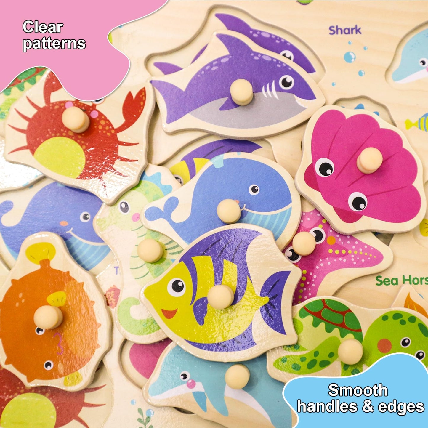 LOYUEGIYO 6PCS Toddler Wooden Peg Puzzles – Educational Sensory Toy for Kids Ages 2-5, Includes Dinosaur, Ocean, Alphabet, Numbers & More