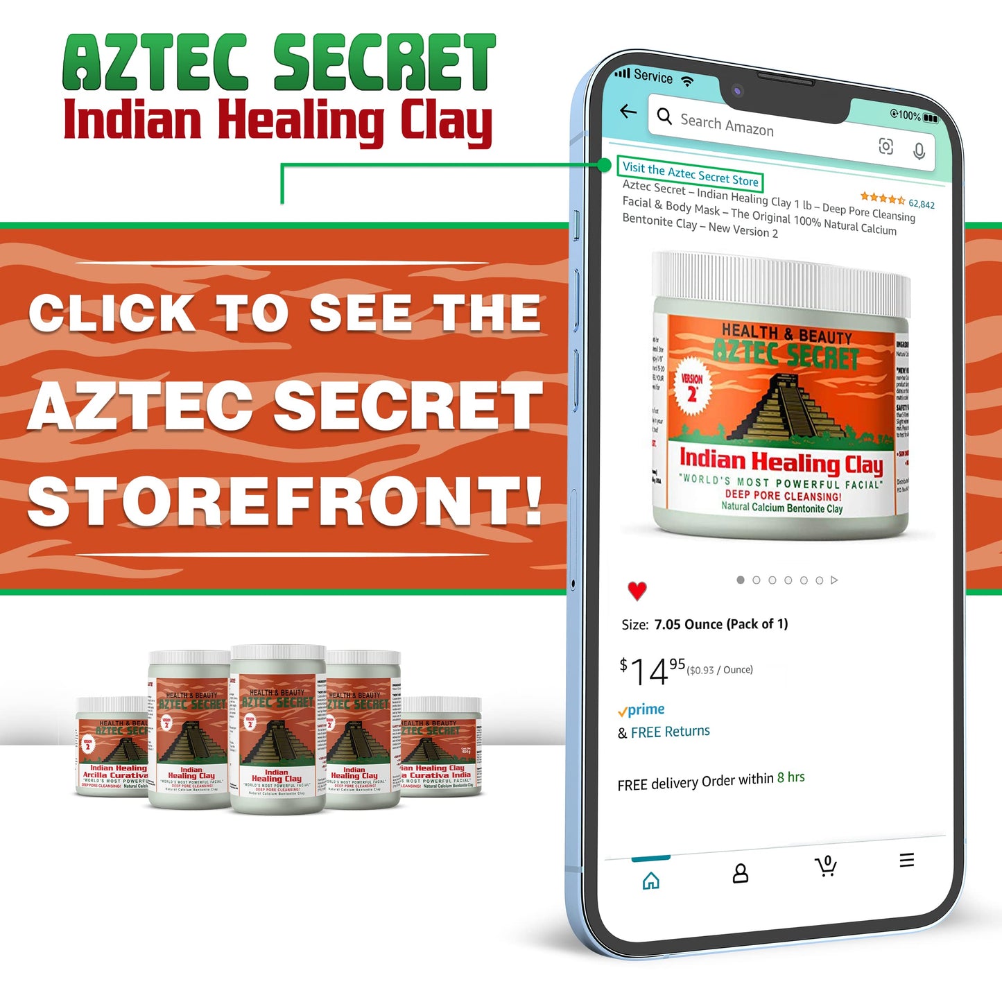 Aztec Secret Premium Clay Mask Kit by Etana Beauty – 1lb Indian Healing Clay, 16oz ACV, Bamboo Bowl, Brush, Scoop & Tote