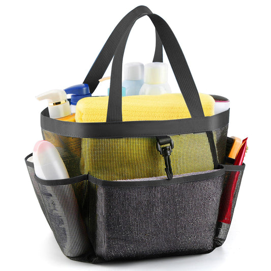 LOYEE Mesh Shower Caddy Portable for College Dorm Room Essentials with 8 Pockets, Shower Bag for Beach, Swimming, Gym, Travel, Bathroom(Black)