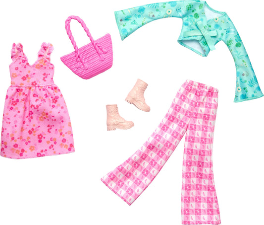 Barbie Clothes, Doll Fashions and Accessories Set Featuring 2 Complete Cottage Core Outfits, Including Floral Dress, Gingham Pants and More