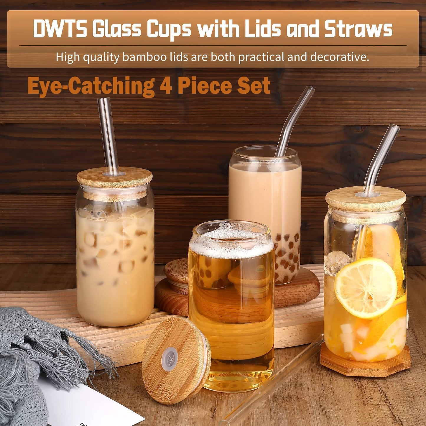 DWTS DANWEITESI 16oz Glass Cups with Lids & Straws – Set of 4 Reusable Tumblers for Iced Coffee, Bar & Gift Use