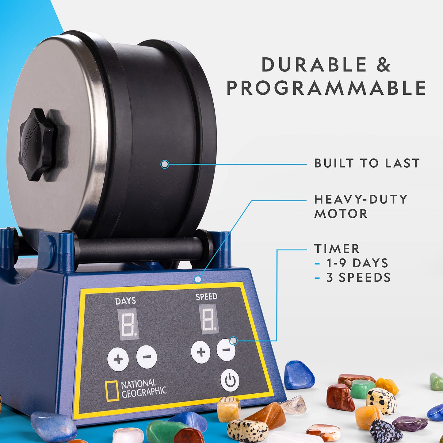 National Geographic Rock Tumbler Kit – 3lb Extra-Large Barrel, 3-Speed Motor, 9-Day Timer, Includes Rocks & Grit for Kids & Adults