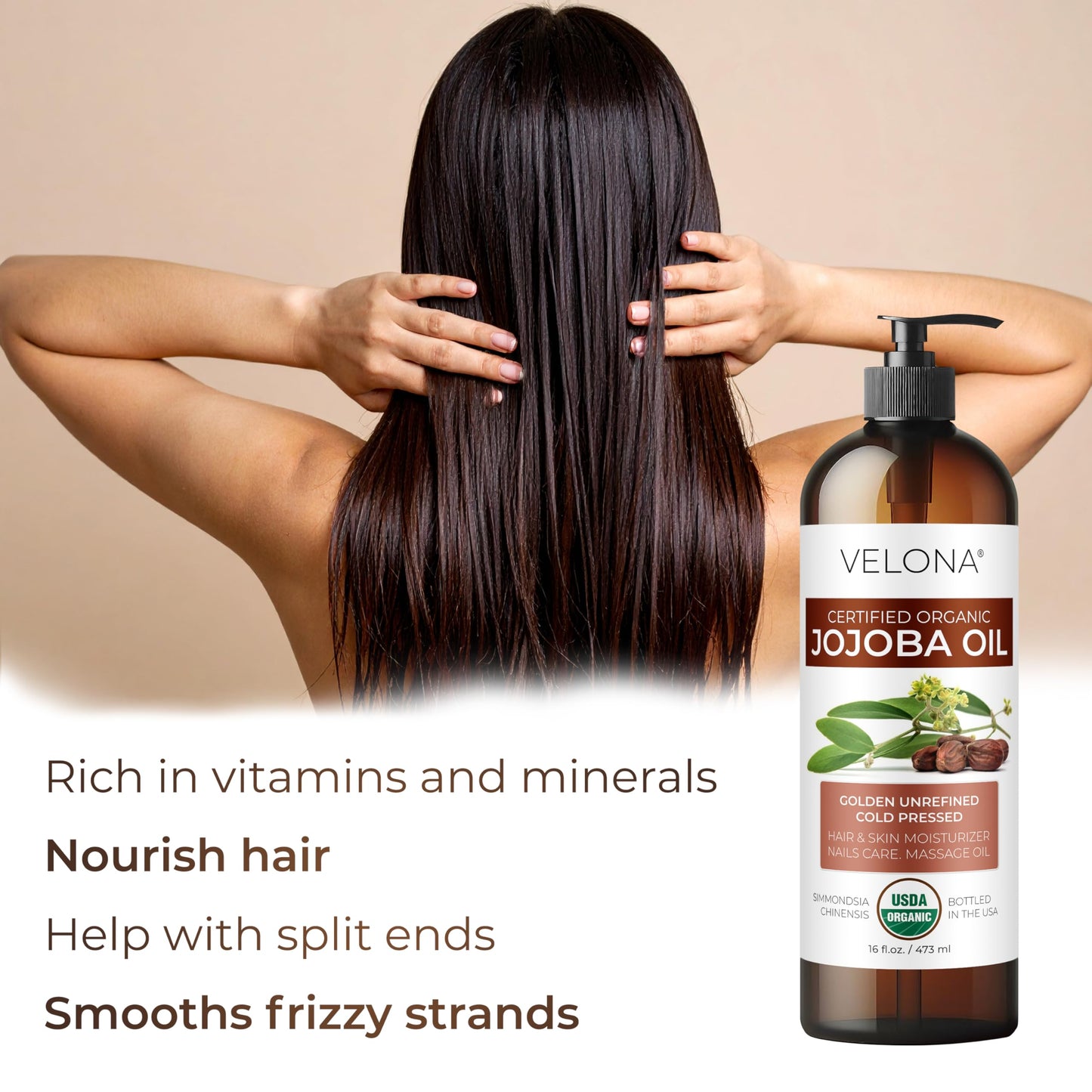 Velona Jojoba Oil 16 fl oz with Pump - 100% Pure Organic, Cold-Pressed, Hexane-Free, Unrefined Golden Oil for Face, Hair & Body Care