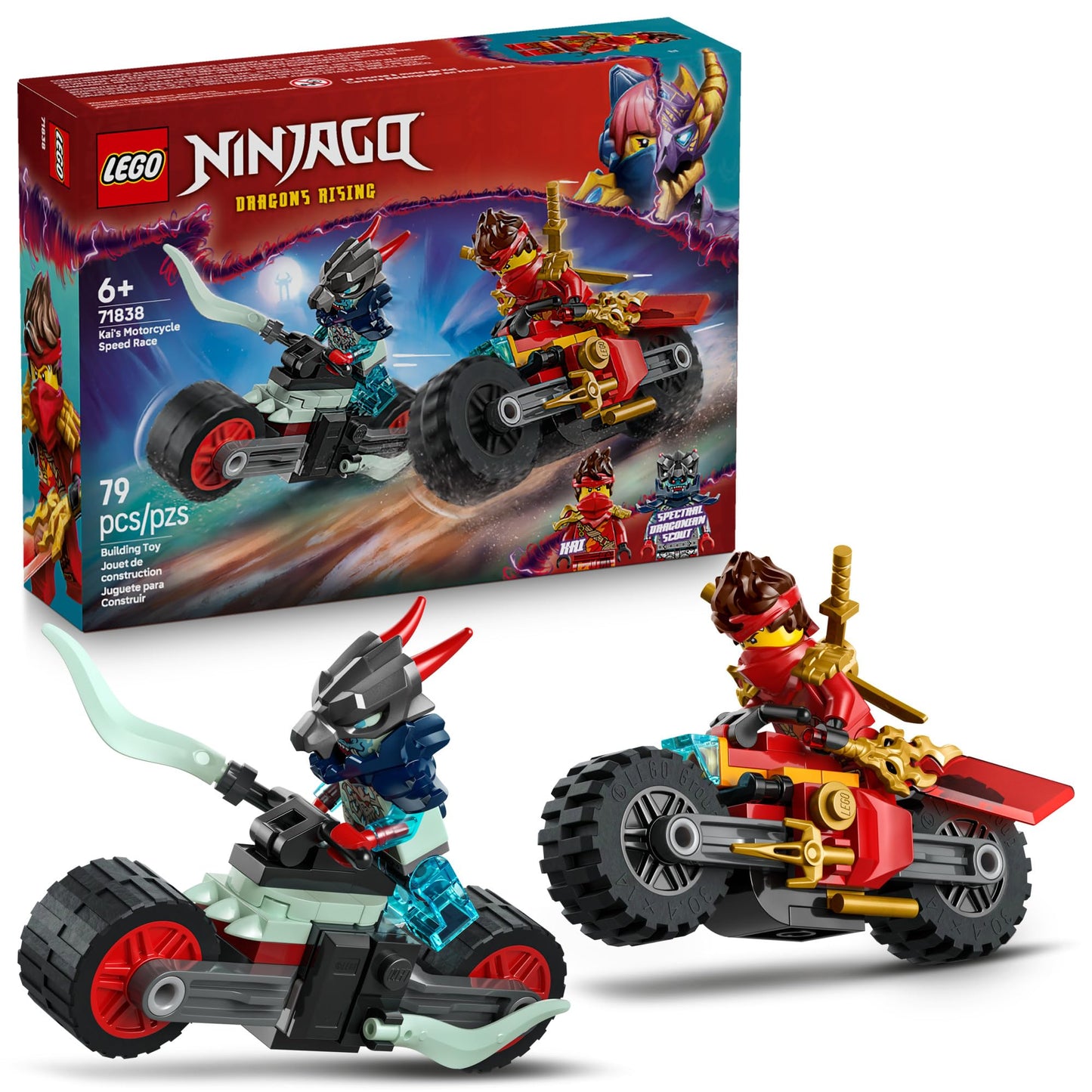 LEGO NINJAGO Kai’s Motorcycle Speed Race Toy Set with 2 Minifigures, Building Blocks for Kids 6+, Birthday Gift Idea 71838