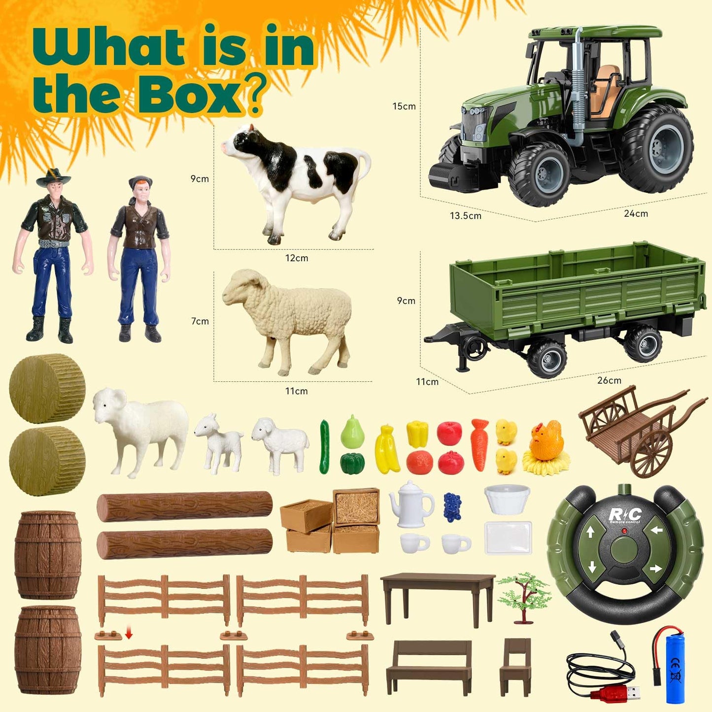 Womaqu Remote Control Tractor with Trailer Farm Toy Set with Animals, Fruits, Vegetables & Farmer Figures for Kids Ages 3-9, Boys & Girls Gifts