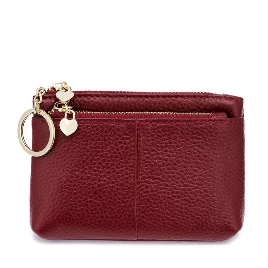 ZOOEASS Coin Purse Women Genuine Leather Zip Mini Purse With Key Ring Triple Zipper Card Holder Wallet(Wine Red)