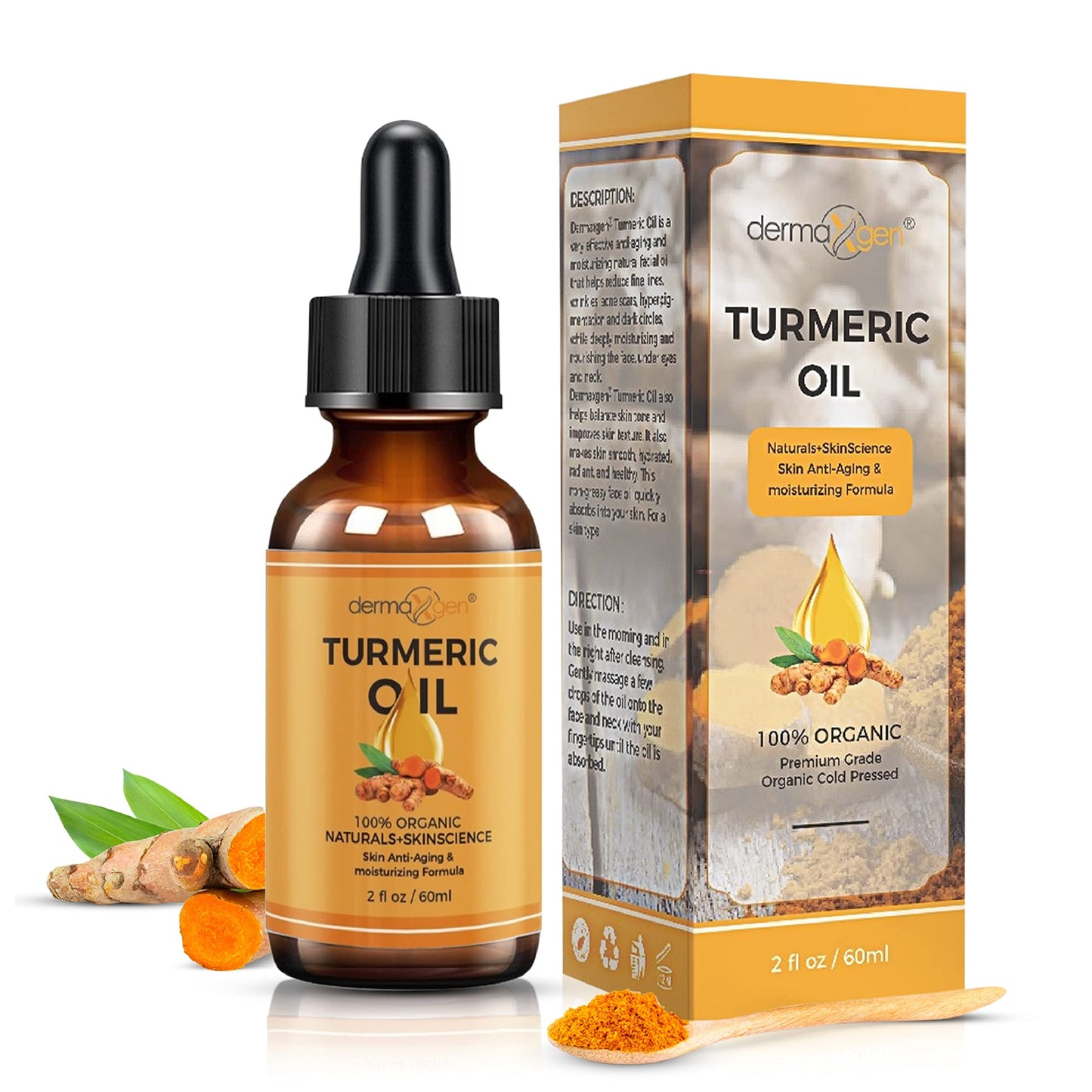 DERMAXGEN Organic Turmeric Face Oil – Brightening, Anti-Aging, Hydrating for Dark Spots, Dry Skin, Face, Neck & Eyes, 2 fl. oz