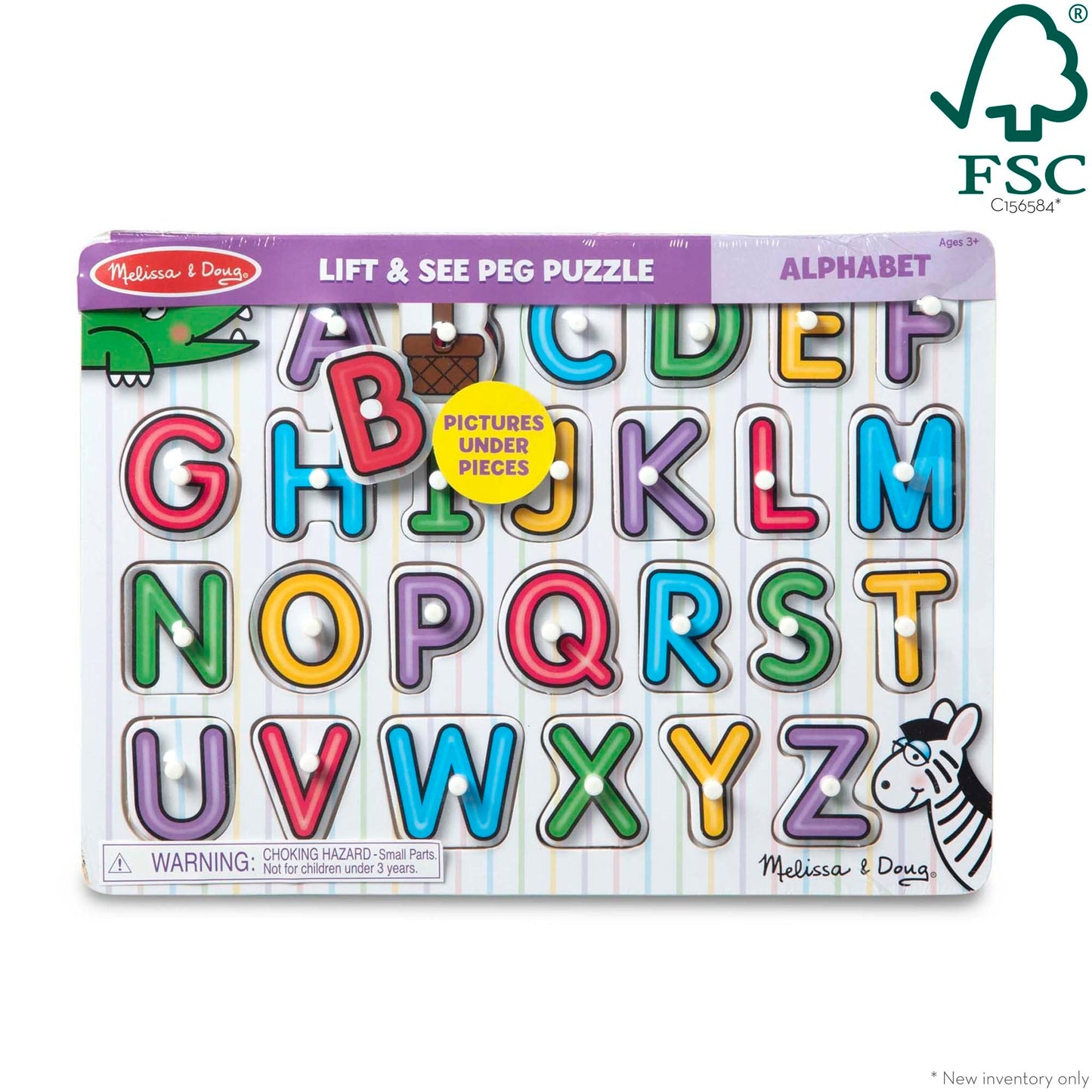 Melissa & Doug Lift & See Alphabet Wooden Peg Puzzle (26 pcs) - FSC Certified