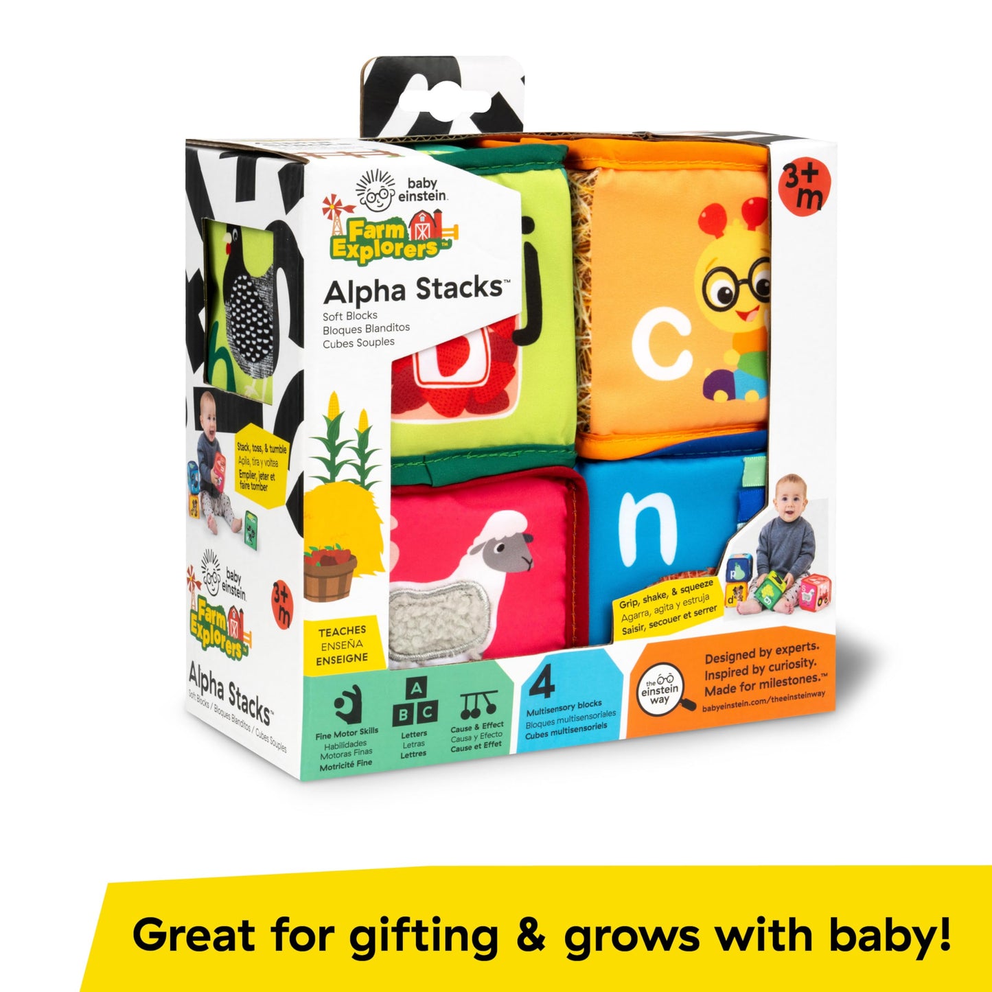 Baby Einstein Alpha Stacks Soft Learning Blocks – Multisensory Stacking Toy Set with Letters, Animals, Colors & Textures, Ages 3 Months+