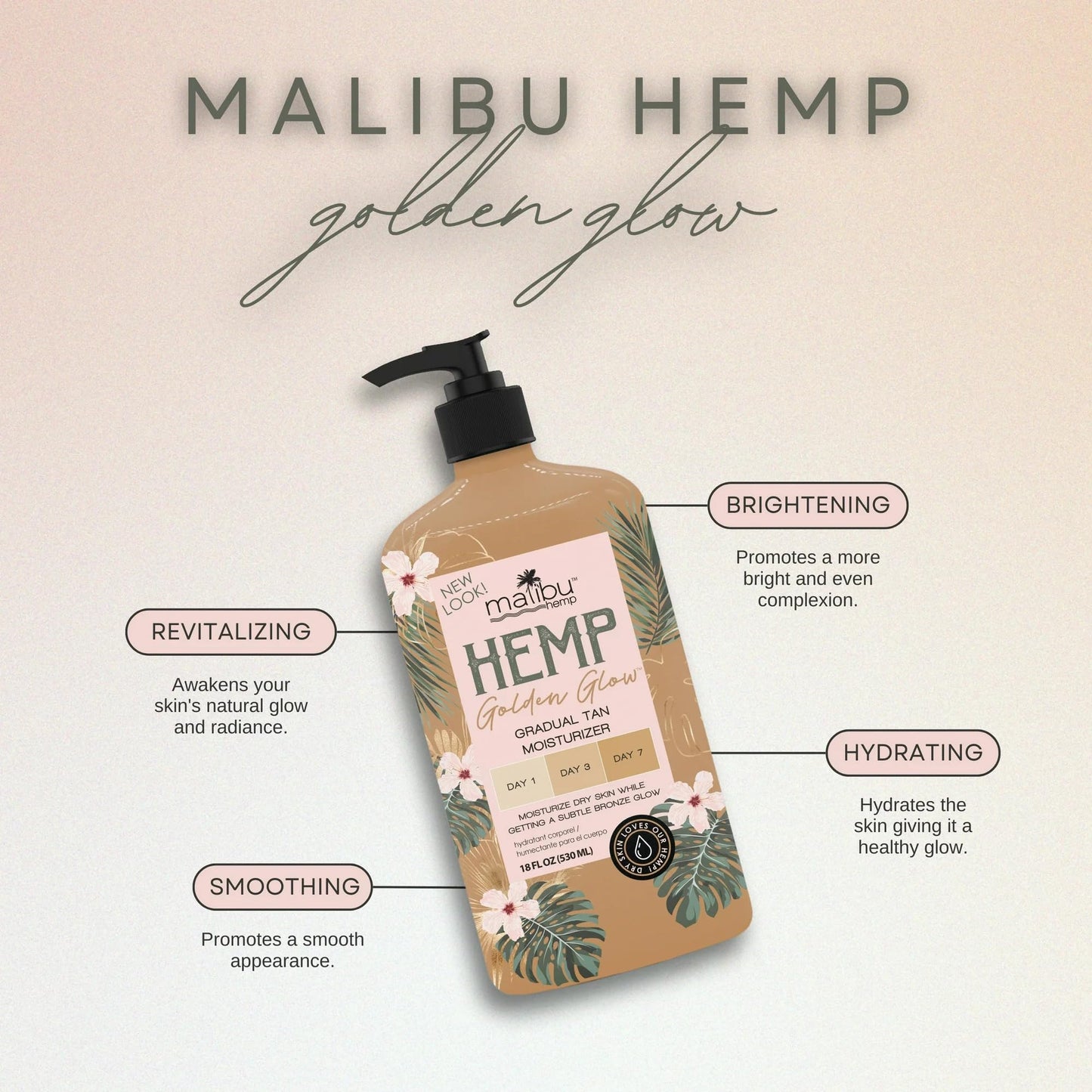 Malibu Hemp Golden Glow Gradual Tan Moisturizer, 18 fl oz