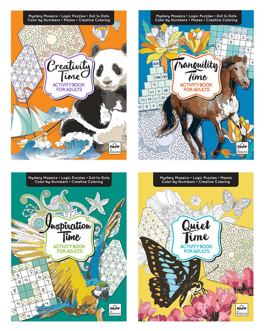 Activity Books for Adults 4-Book Set – 100+ Pages of Stress-Relieving Puzzles, Sudoku, Color by Number, Mosaics & Inspirational Quotes