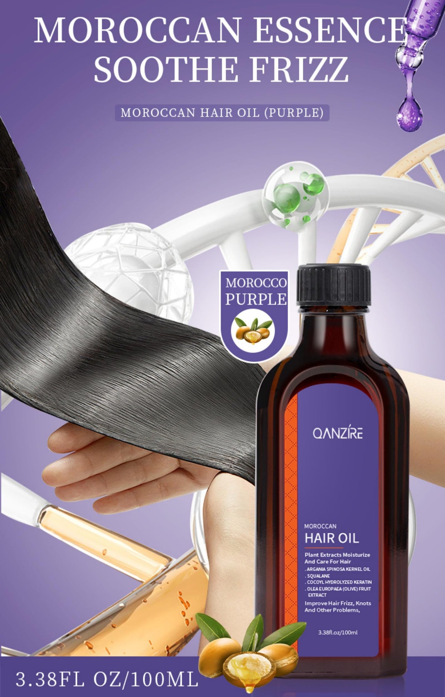 Purple Moroccan Hair Oil – Volumizing & Repairing Oil for Dry, Damaged, Tangled Hair | Plant-Based Formula for Moisture, Shine & Strength, 100ml