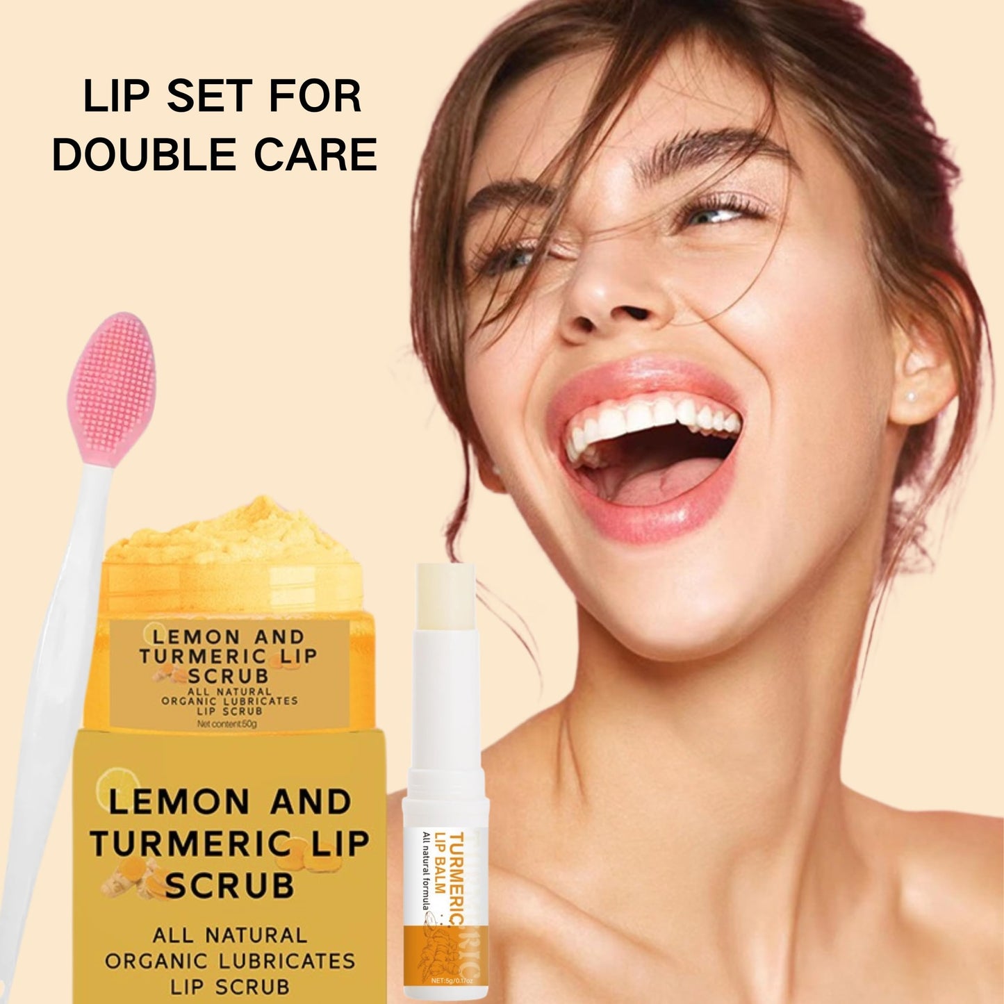 Turmeric & Lemon Lip Care Set – 3PCS Lip Scrub, Balm & Brush for Dry, Chapped, Dark Lips – Exfoliates, Smooths & Nourishes Naturally