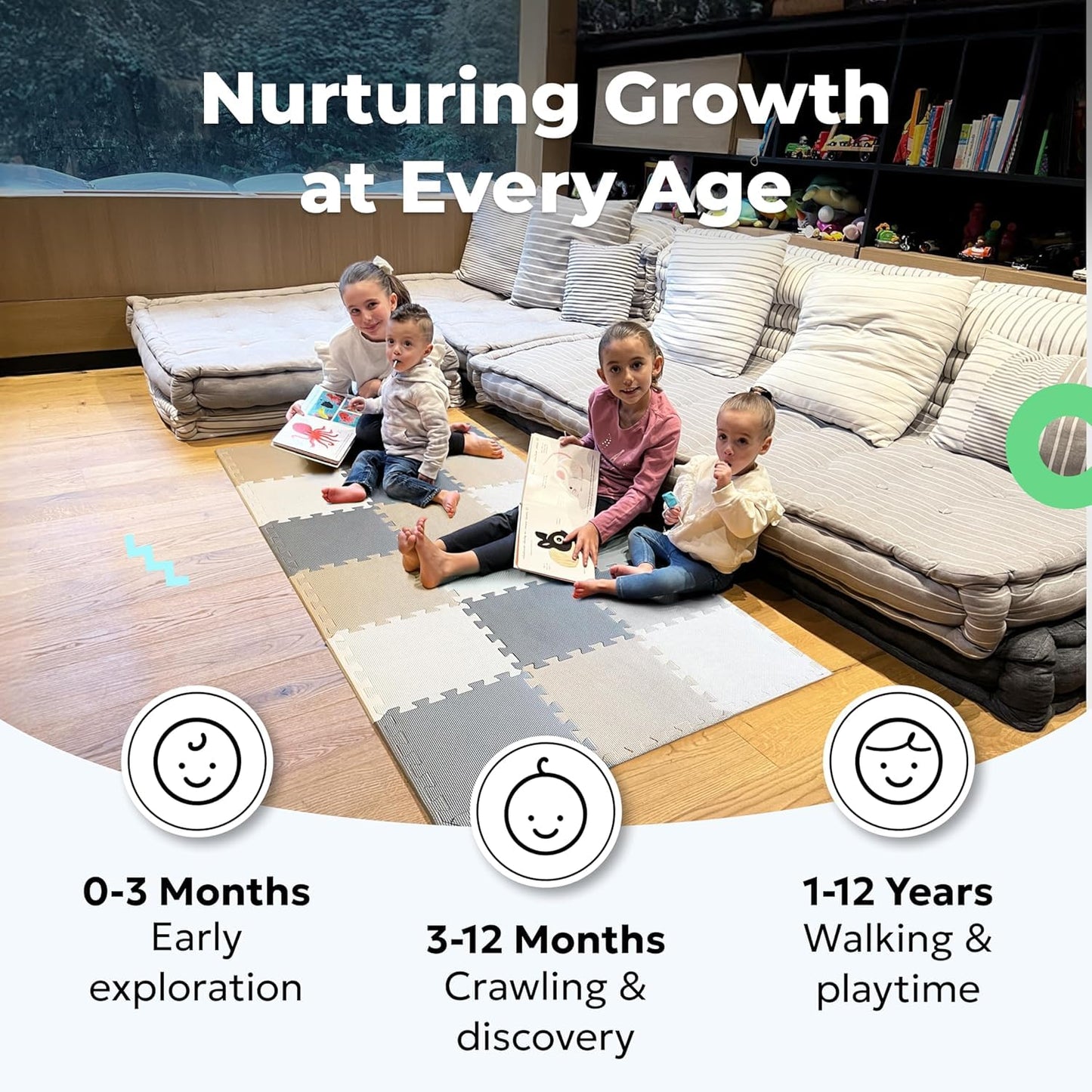 MioTetto Foam Floor Tiles for Kids – Non-Toxic Soft Play Mat for Babies 6-12 Months, Interlocking Tiles Fit 50x50 Playpen, Safe for Crawling