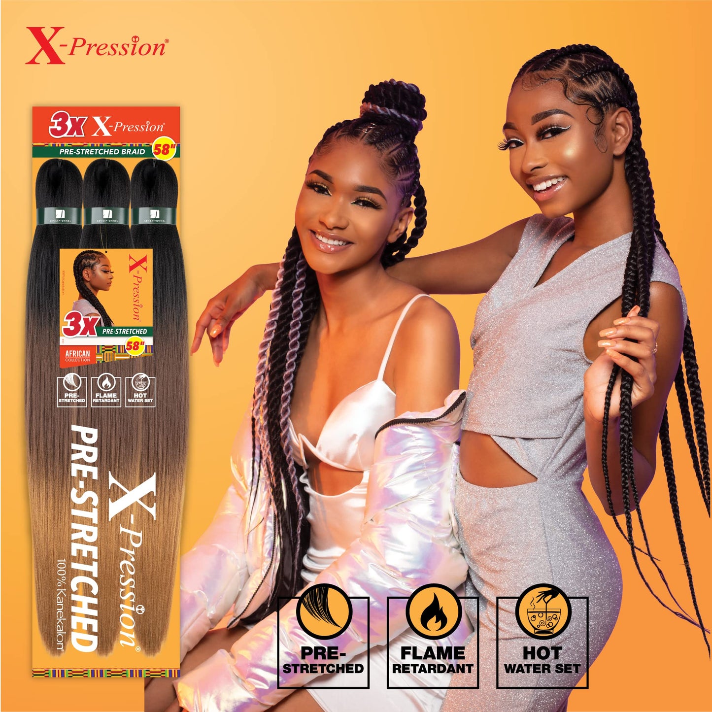 Sensationnel X-Pression 3X Pre-Stretched Braiding Hair 58" – Kanekalon Flame Retardant Synthetic Braid for Box Braids & Twists, 1B Off Black (1 Pack)