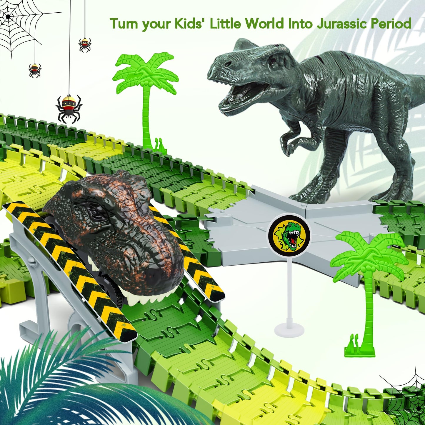 Dinosaur Toys,Create A Dinosaur World Road Race,Flexible Track Playset and 2 pcs Cool Dinosaur car for 3 4 5 6 Year & Up Old boy Girls Best Gift