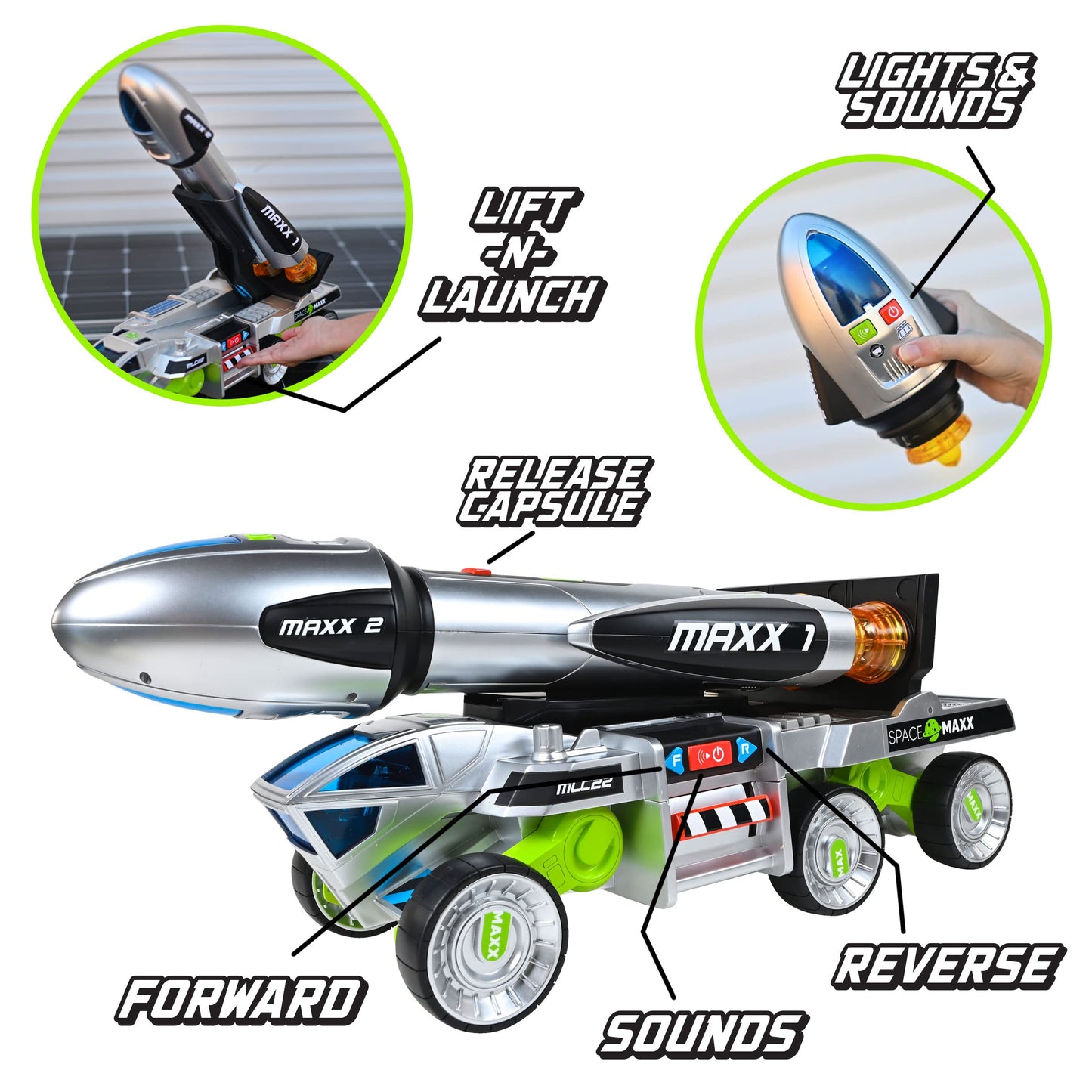 Sunny Days Maxx Action 3-in-1 Blast Off Booster Rocket Toy with Lights, Sounds & Motorized Drive – Includes Vehicle, Rocket & Capsule