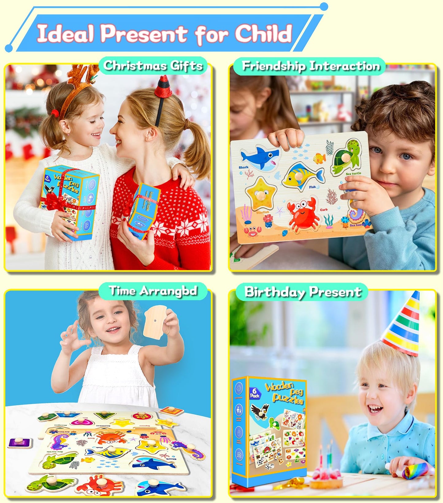 Wooden Peg Puzzles for Toddlers – 6 Montessori Learning Sets: Shapes, Farm, Sea, Dinosaurs, Fruits & Animals, Fine Motor Toys for Kids