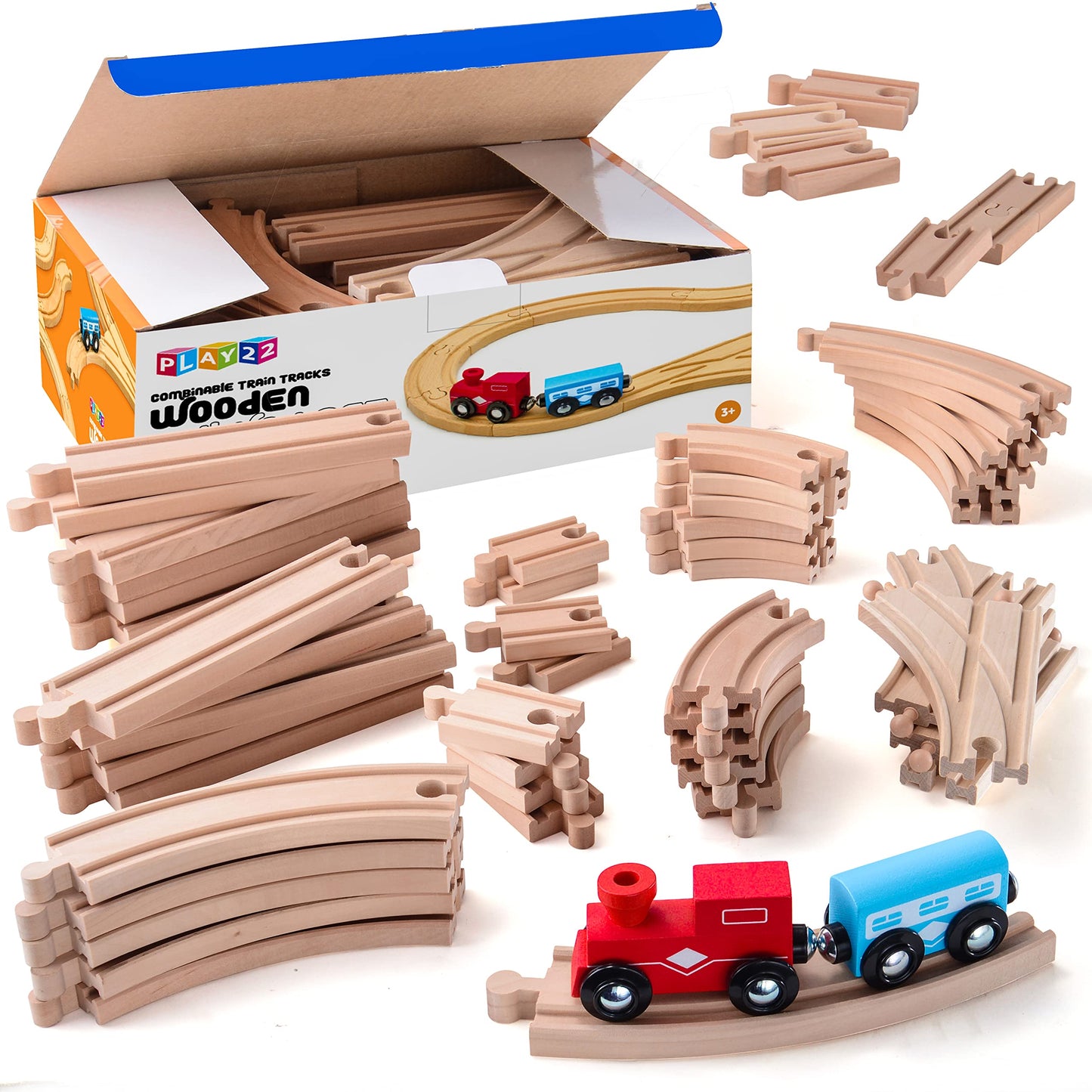 Play22 Wooden Train Tracks Set – 52 Pieces with 2 Bonus Trains, Compatible with Thomas & All Major Brands, Kids Railway Playset