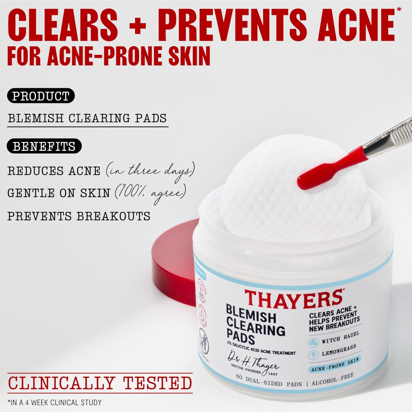 Thayers Blemish Clearing Acne Pads with Salicylic Acid – Exfoliating, Pore-Reducing Witch Hazel Toner, Soothing Skincare, 60 Ct