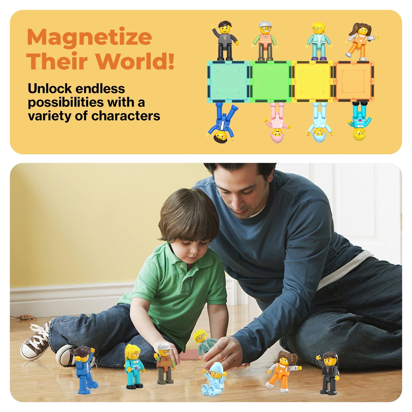 PicassoTiles 8-Piece Magnetic Action Figures Set – Family Characters for STEM, Creative Play & Magnet Tile Building Expansion, PTA11