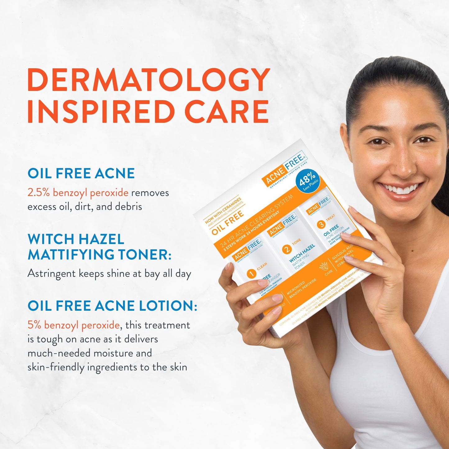 Acne Free 3 Step 24-Hour Acne Treatment Kit - Oil-Free Cleanser, Witch Hazel Toner & Acne Lotion with Benzoyl Peroxide for Teens & Adults