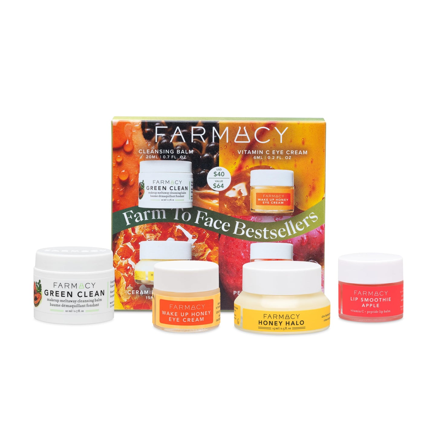 Farmacy Bestsellers Skincare Set – Green Clean Balm, Honey Halo Moisturizer, Wake Up Honey Eye Cream & Lip Smoothie – Travel Set for Glowing Skin