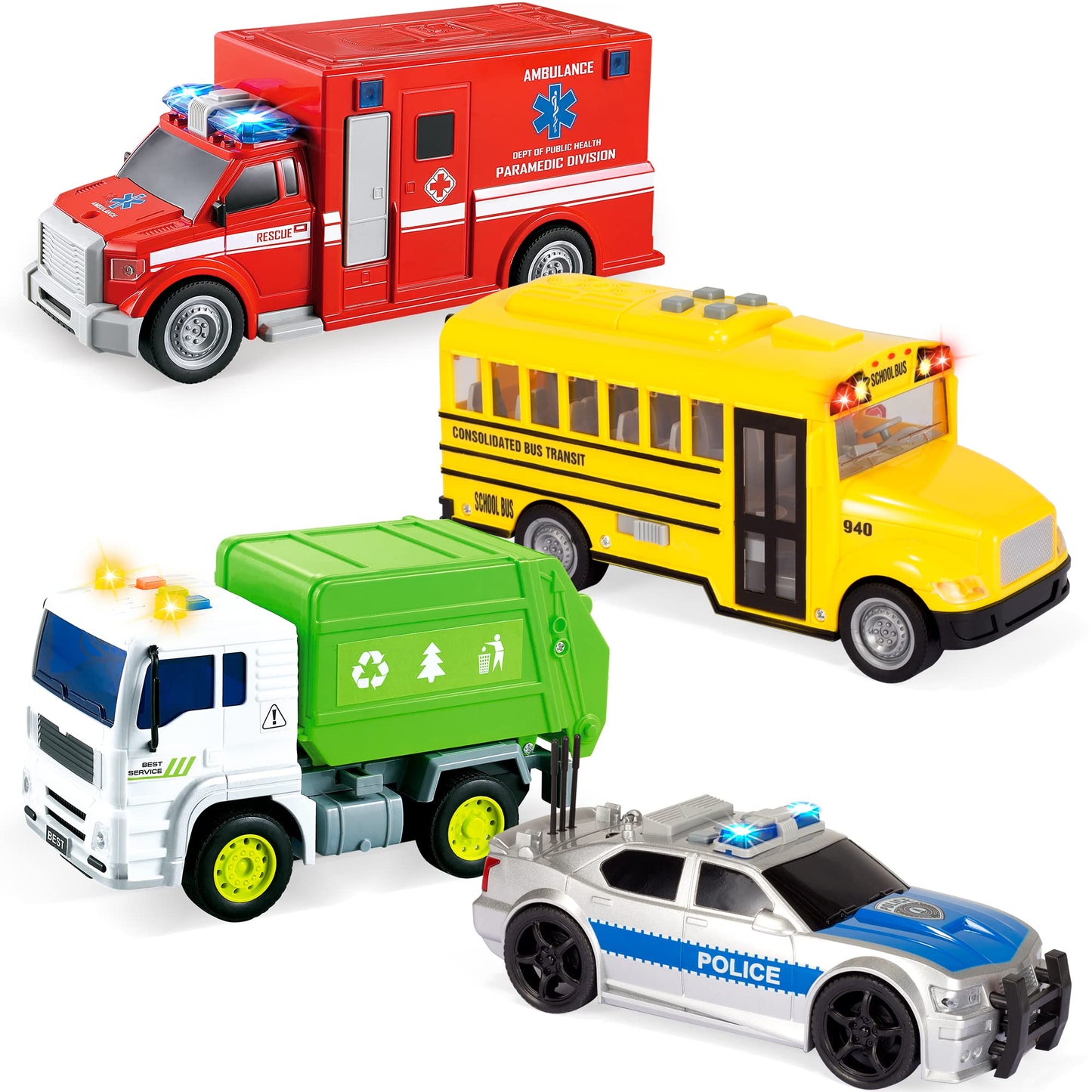 JOYIN 4-Pc 7" Vehicle Toy Set for Toddlers with Lights & Siren – Police Car, School Bus, Garbage Truck, Ambulance – Birthday Gift for Boys 3-5