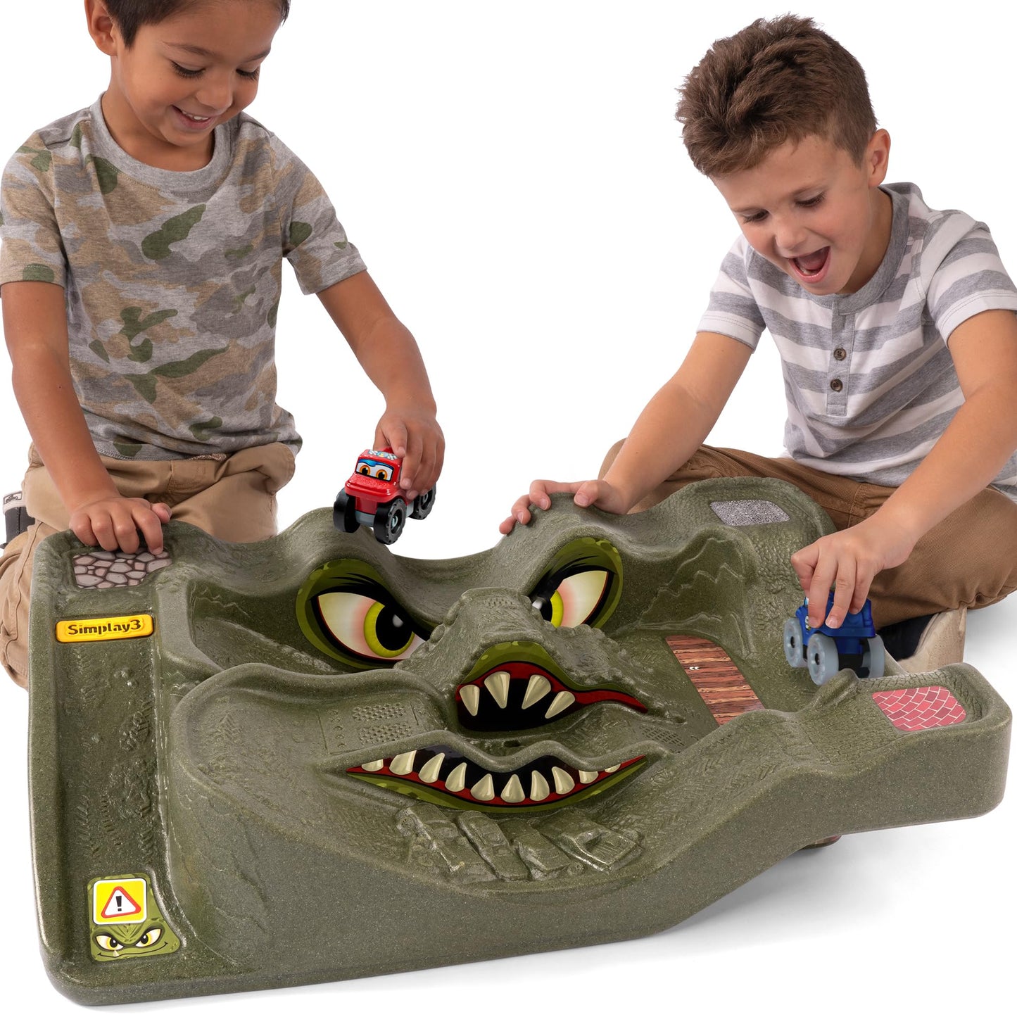 Simplay3 Monster City Extreme Wheels Car Race Track Table - 2 Sided Portable Kids Play Table with 2 Race Trucks - Red or Green - Made in USA