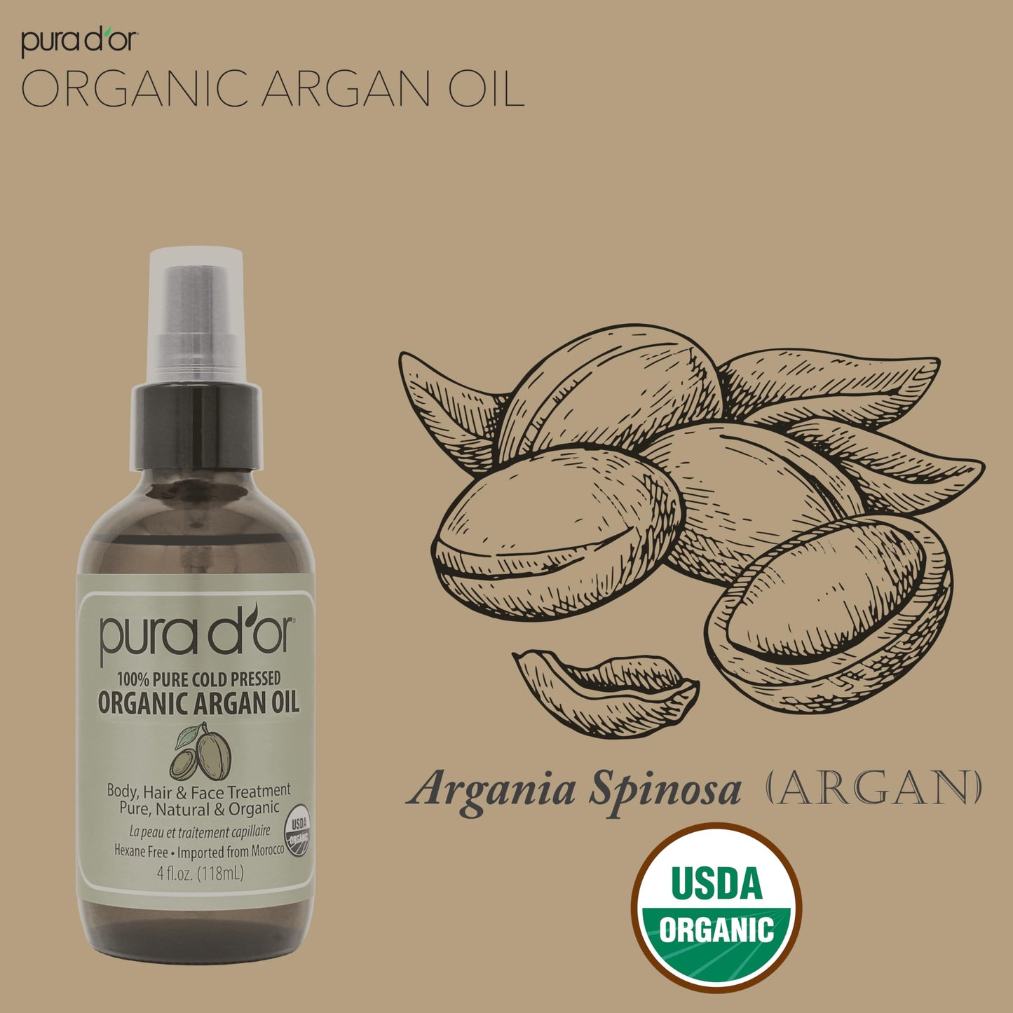 PURA D'OR Organic Moroccan Argan Oil 4 Oz | 100% Pure Cold Pressed USDA Certified | Moisturizer for Hair, Skin, Face, Body & Scalp