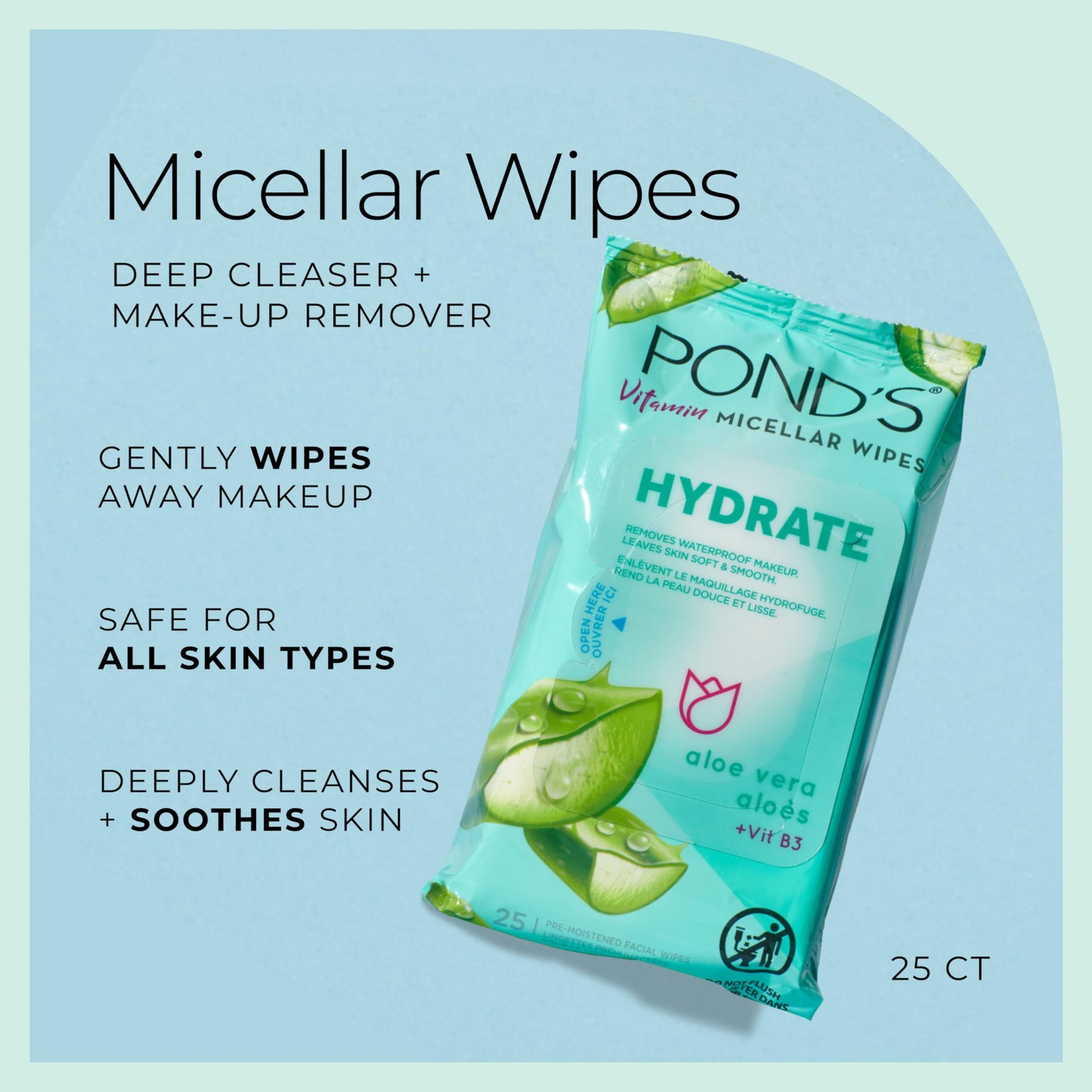 Pond's Vitamin Micellar Wipes For Dry Skin Hydrate Aloe Vera Removes Waterproof Makeup 25 Wipes