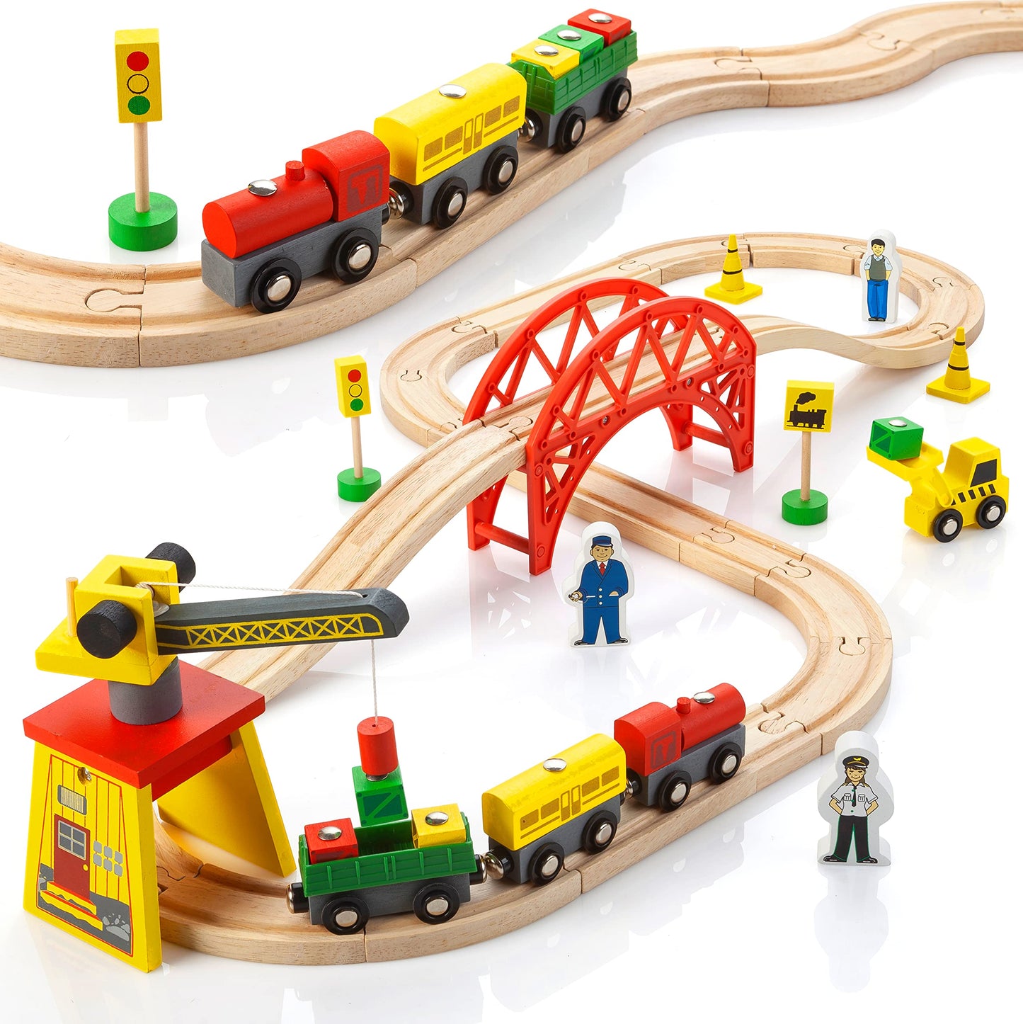 KipiPol 38-Piece Wooden Train Set for Toddlers 2-7 with Crane, Bridge & Tracks – Compatible with Thomas, Brio, IKEA, Melissa & Doug Toys