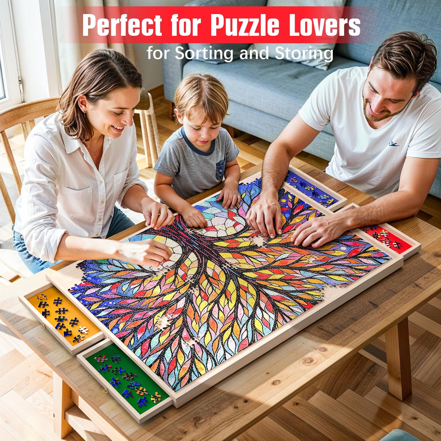 Puzzle Board with Drawers and Cover Rotatable 360-Degree Wheels 1000 Pieces Lightweight Portable Wooden Puzzle Table for Adults Kids 30'' x 22''