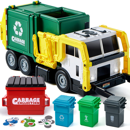 JOYIN Large Friction Garbage Truck Toy Set with Dumpster, Trash Bins & Learning Cards – Toddler Boys & Girls Birthday & Christmas Gift