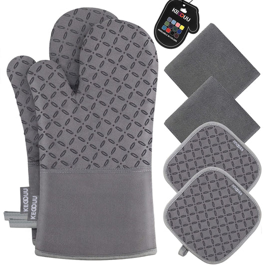 KEGOUU 6-Piece Oven Mitt & Pot Holder Set – 500°F Heat Resistant, Extra Long, Non-Slip Silicone for Cooking, Grey