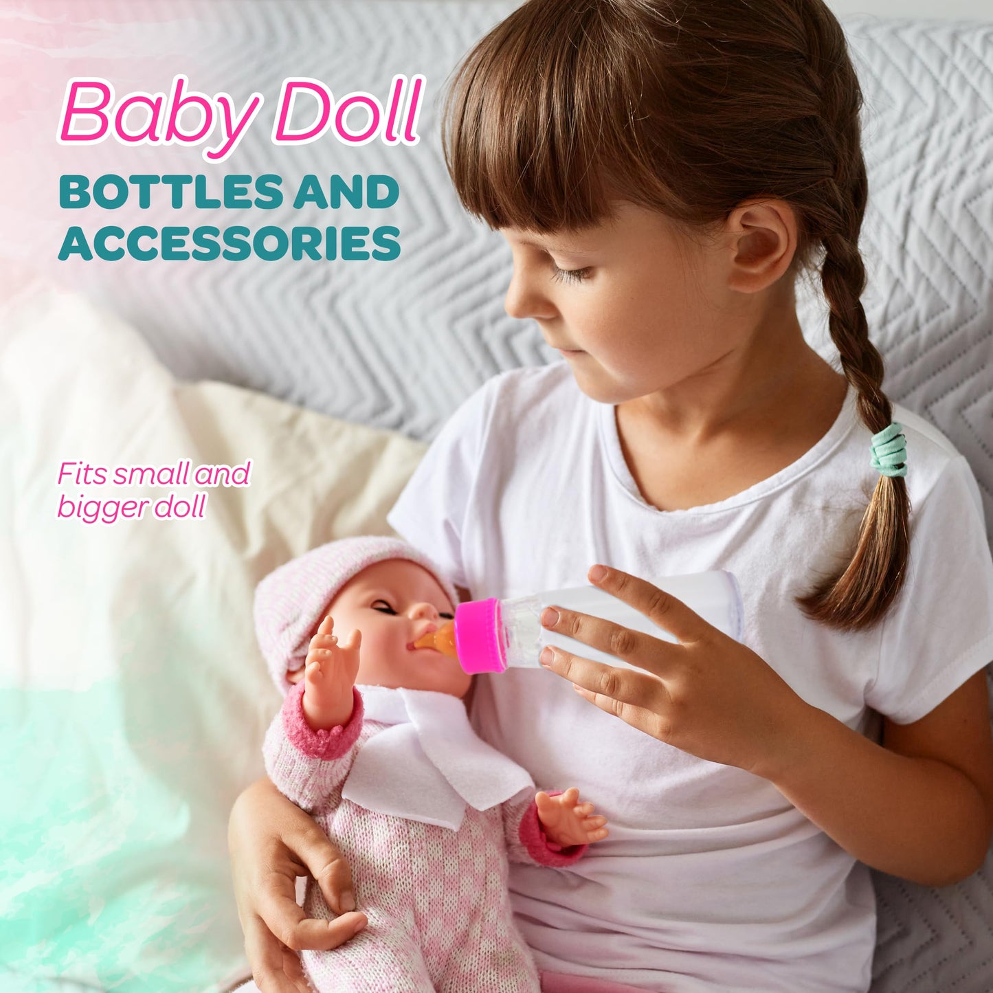 4E's 2-Pack Baby Doll Bottles with Magic Disappearing Milk & Juice – Doll Accessories Toy for Toddlers & Kids, Gift for Ages 3-7