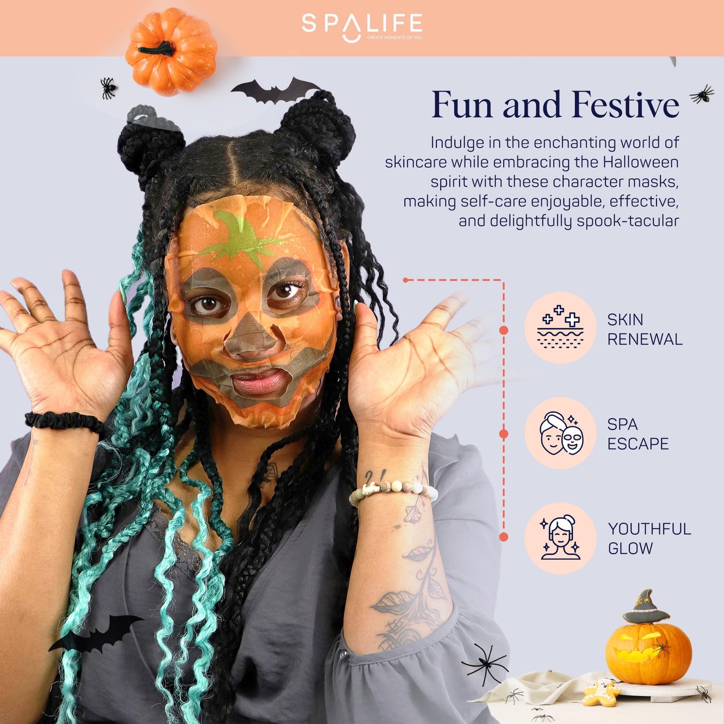 SpaLife Halloween Facial Mask Sheet Bundle – Pumpkin, Ghost & Bat Moisturizing Face Masks for Women – Hydrating Skincare Spa Beauty Pack