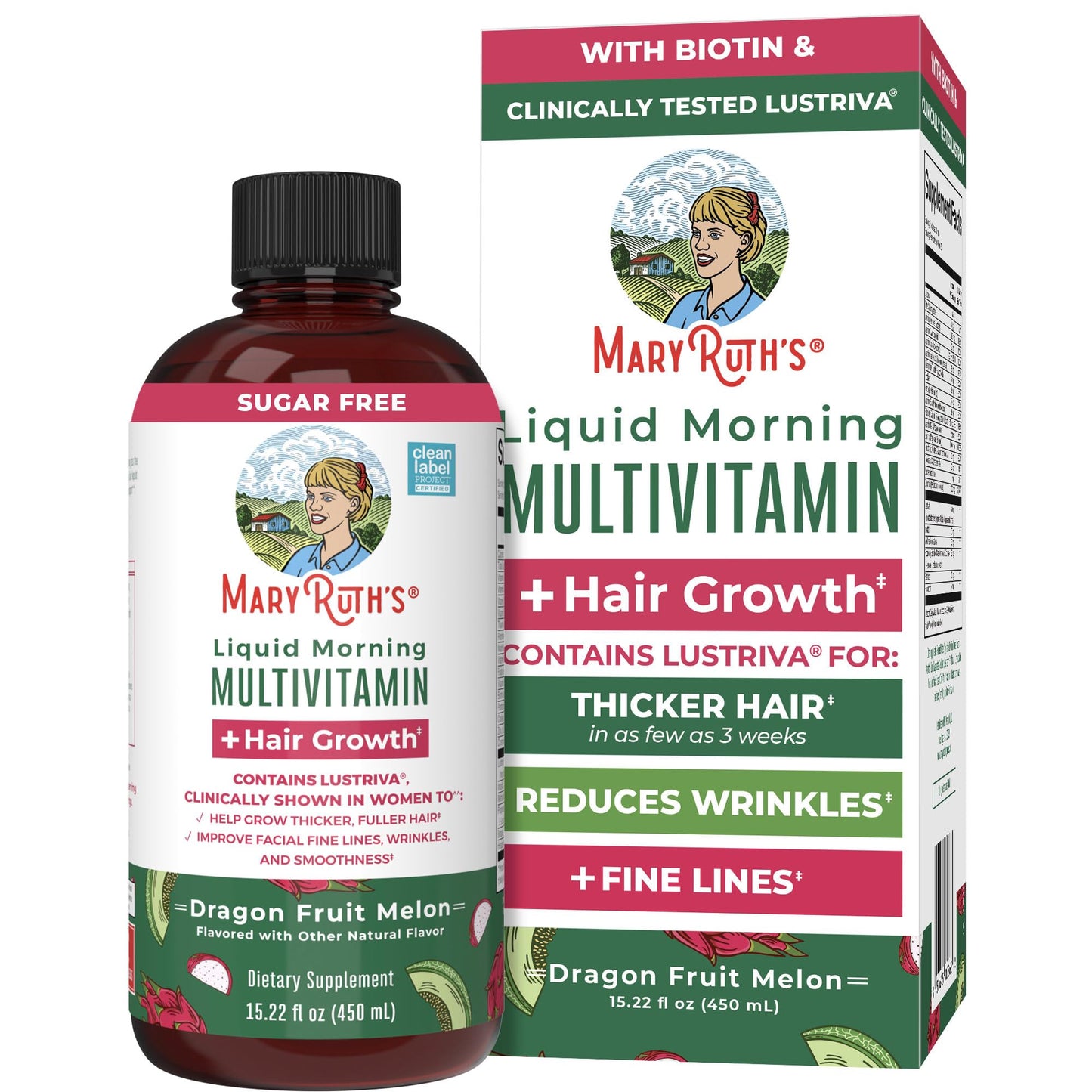 MaryRuth's Liquid Multivitamin + Hair Growth | Biotin 10000mcg | Lustriva Supplement for Thicker Hair & Smooth Skin | Clinically Tested | 15.22 Fl Oz