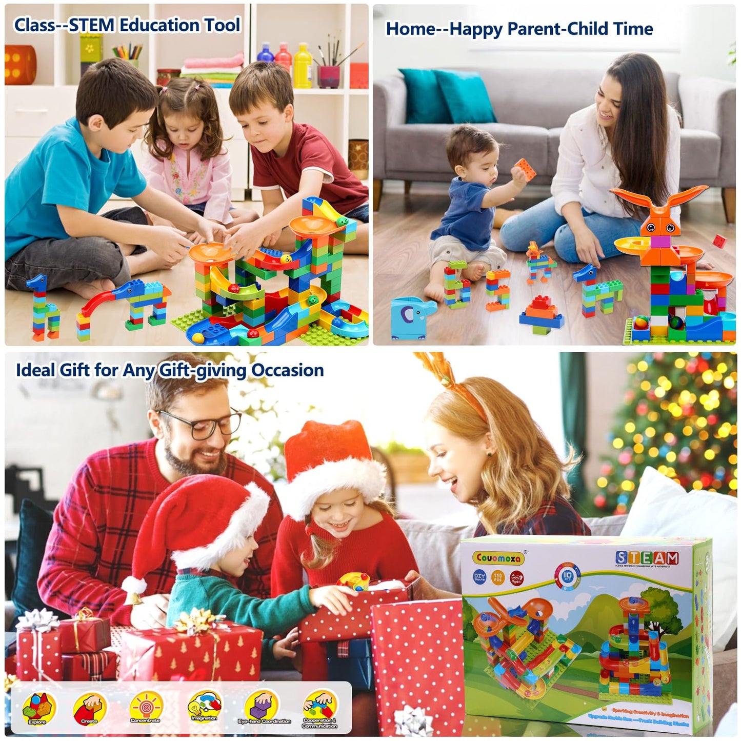 COUOMOXA Marble Run Building Set for Kids - STEM Educational Blocks, Compatible with Classic Bricks, Ages 3-8+, Fun Learning Toy for Boys & Girls