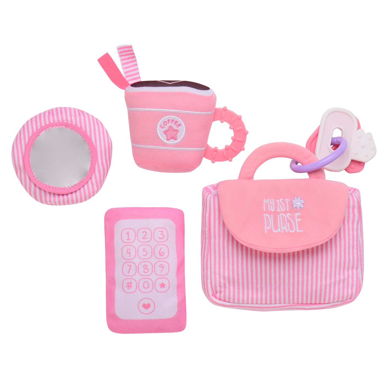 4 Piece Plush My First Purse Play Set with Sensory Toys and Bonus Teether Keys for Baby, Pink Stripe, 8 inch
