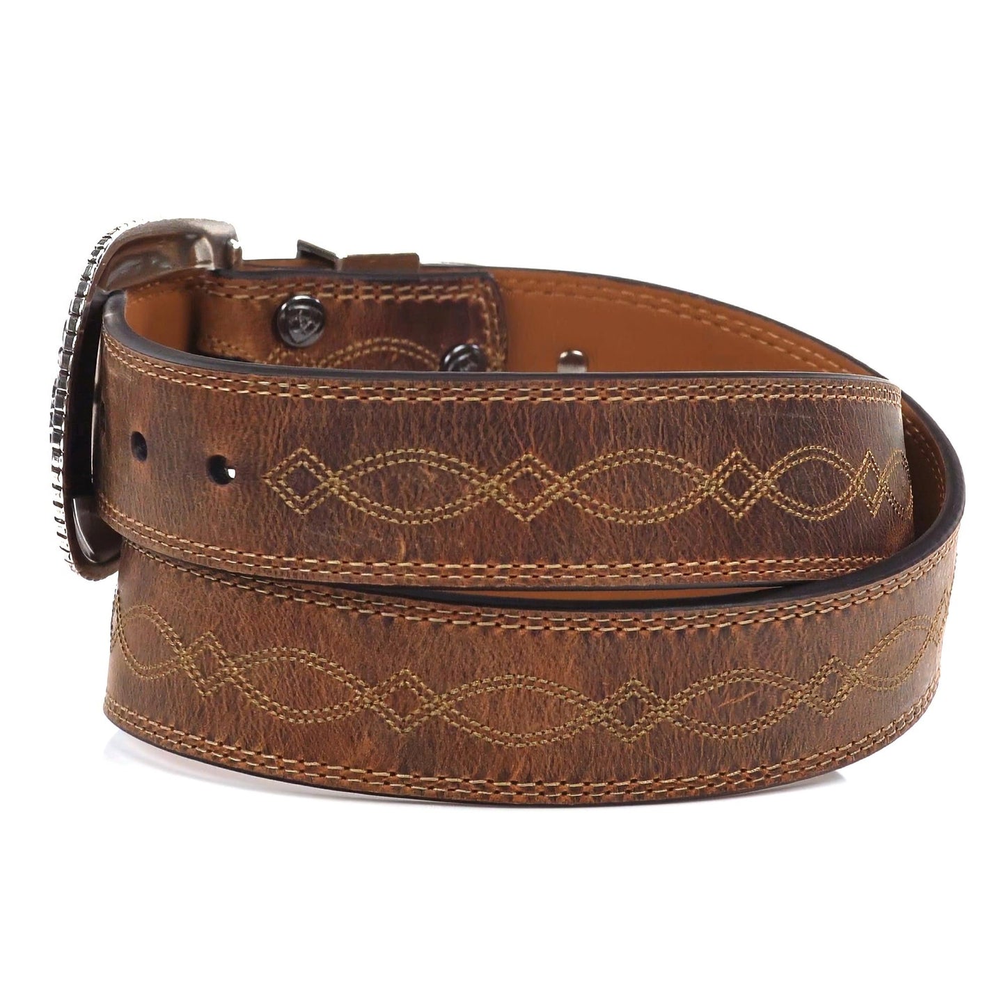 ARIAT Women's Center Stitch Leather Tapered Belt with Removable Antiqued Silver Buckle (Brown, Size 34)