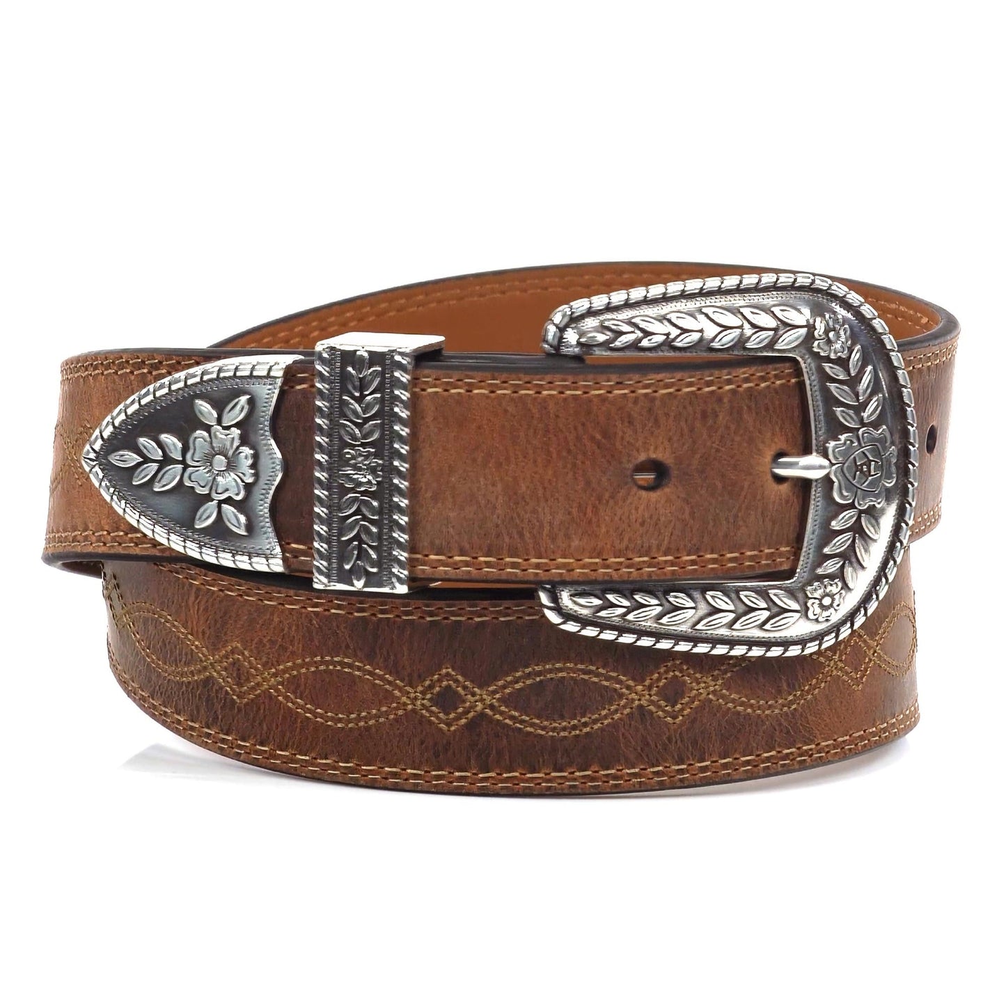 ARIAT Women's Center Stitch Leather Tapered Belt with Removable Antiqued Silver Buckle (Brown, Size 34)