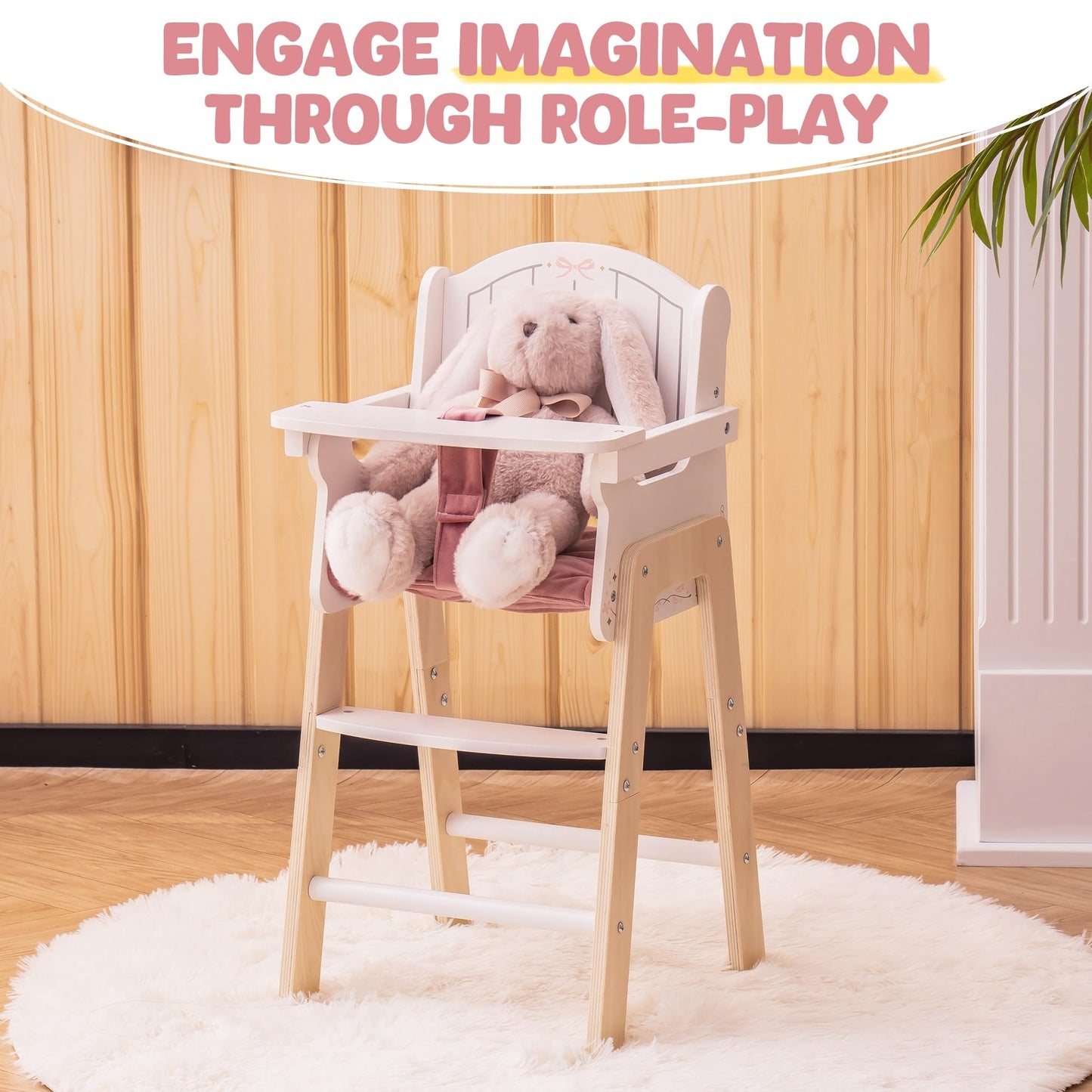ROBOTIME Wooden Baby Doll High Chair, Pink Wooden Baby Doll Chair for 18 Inch Dolls, Pretend Play High Chair Baby Doll Accessories, Small