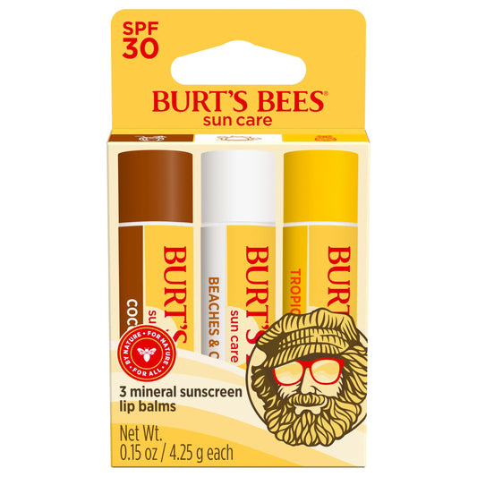 Burt’s Bees SPF 30 Lip Balm Trio, Island Getaway - Coco Loco, Beaches & Cream, Tropic Like It’s Hot, Water-Resistant, 0.15 oz Each