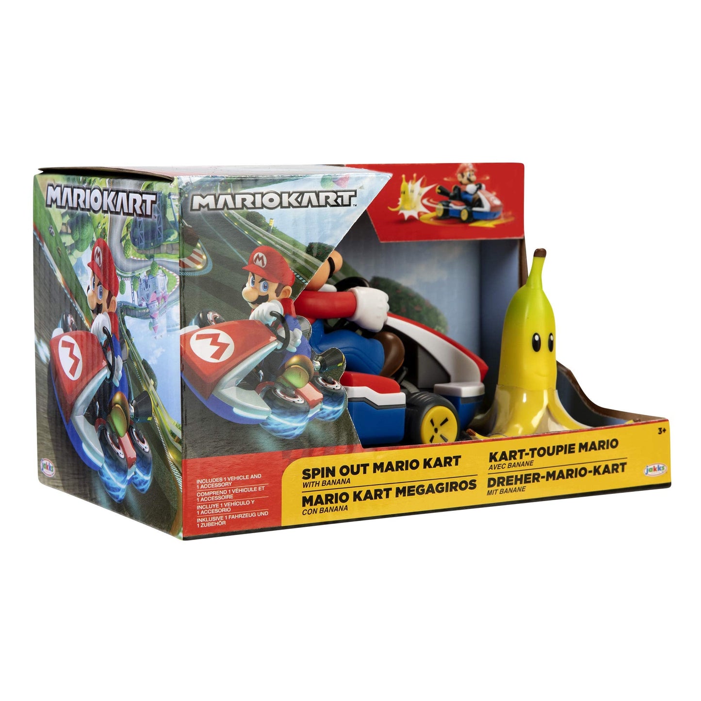 Super Mario Spin Out Mariokart Mario Racer Vehicle with 360 Spins, Wind Up and Go! Includes One 2.5” Mario Action Figure