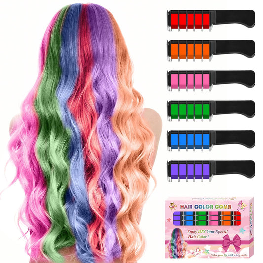 6 Color Hair Chalk Comb Set – Temporary Washable Hair Dye for Kids & Girls Age 4–10 – Fun Bright Colors for Parties, Cosplay & DIY (Blue, Orange, Green, Pink, Brown, Purple)