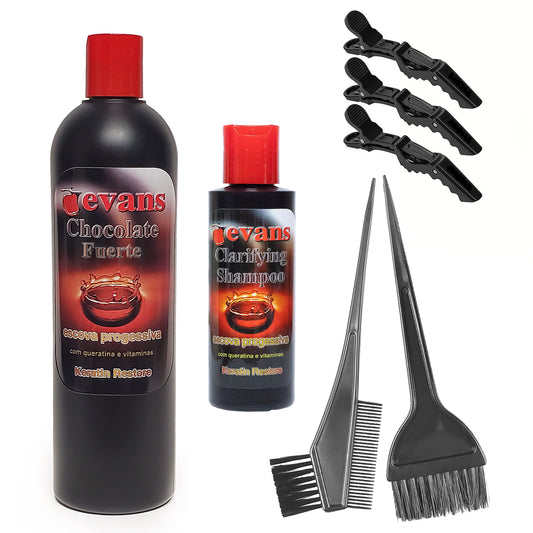 Evans Value Pack Brazilian Keratin Hair Smoothing Treatment Blowout Straightening System - Strong 16 fl oz, 7 Piece Set