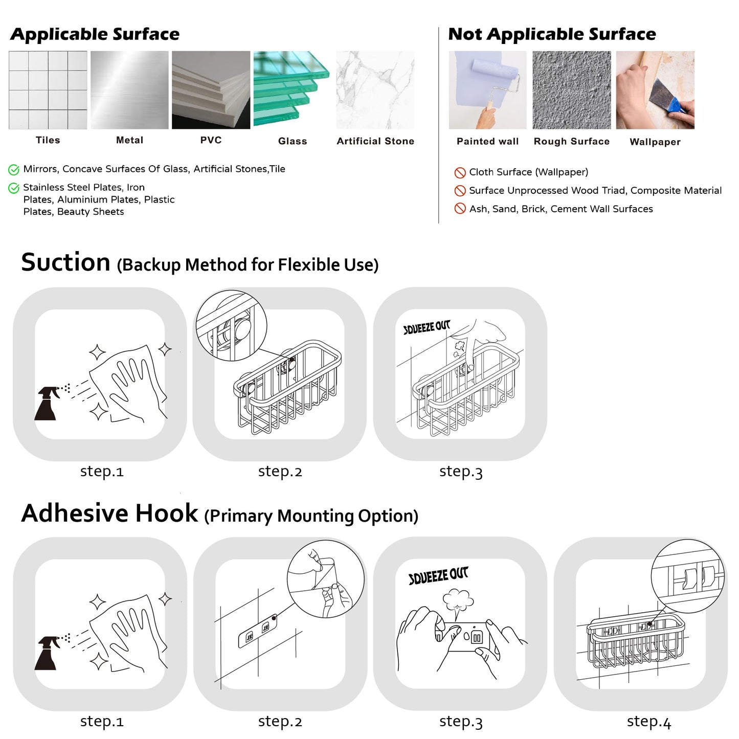 SunnyPoint NeverRust Sink Sponge Holder – Adhesive Mount with Suction Cup, Rustproof Organizer for Kitchen & Bathroom – 7.4x3.3x2.75"